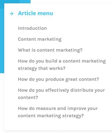 Brand chemistry's Pillar Page's Article Menu