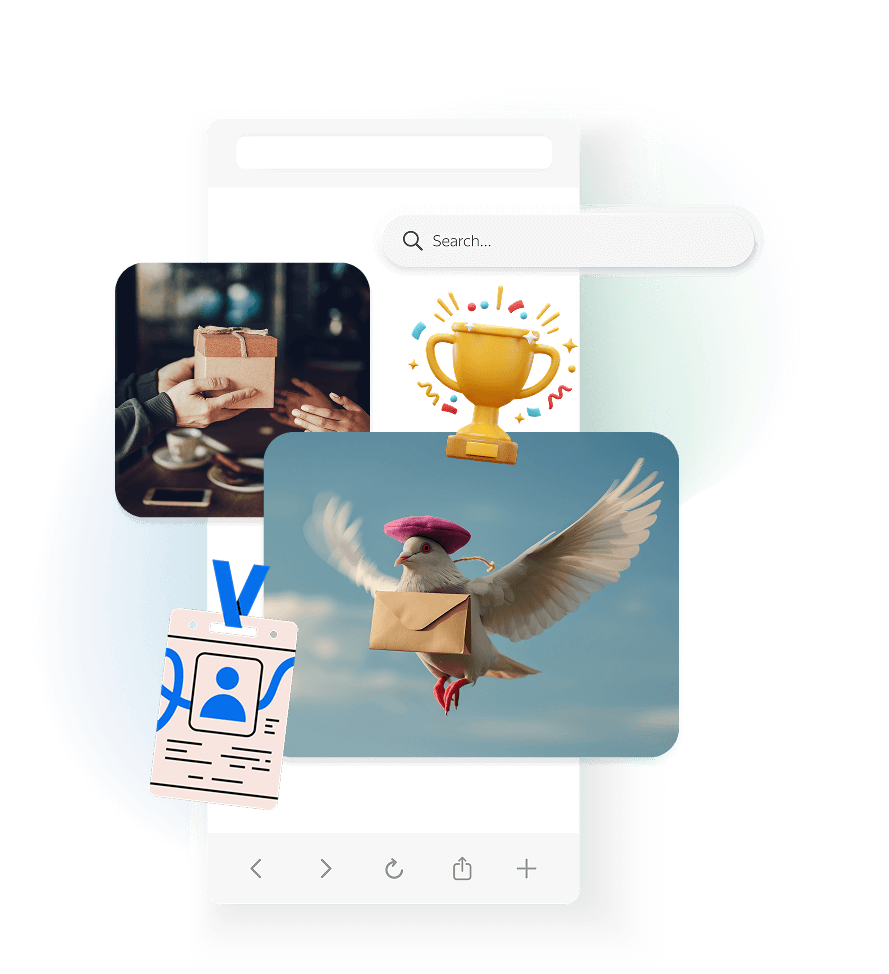 Account-Based Marketing (ABM) elements on a phone screen, including a gift, a dove, and a trophy icon