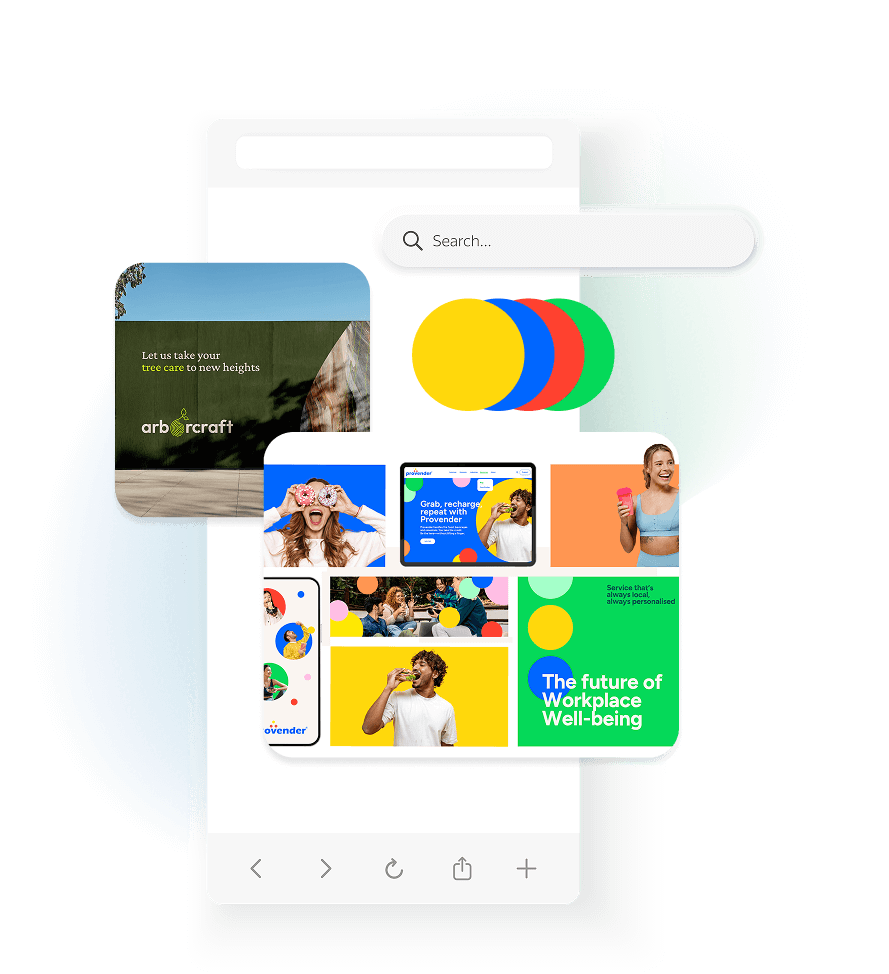 Brand strategy visuals on a phone screen, featuring branding, design elements, and diverse campaign content.