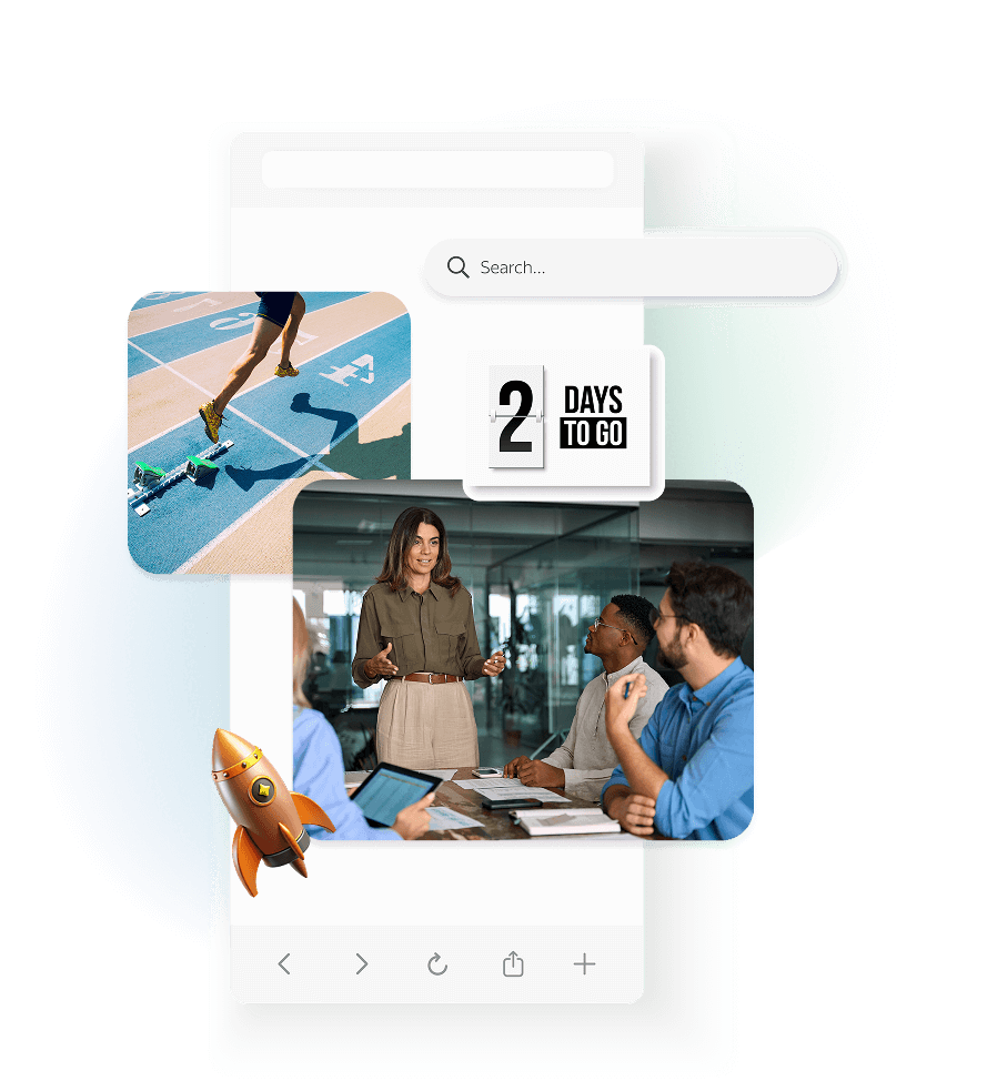 Go-to-market strategy elements on a phone screen, including a runner, a business meeting, and a countdown