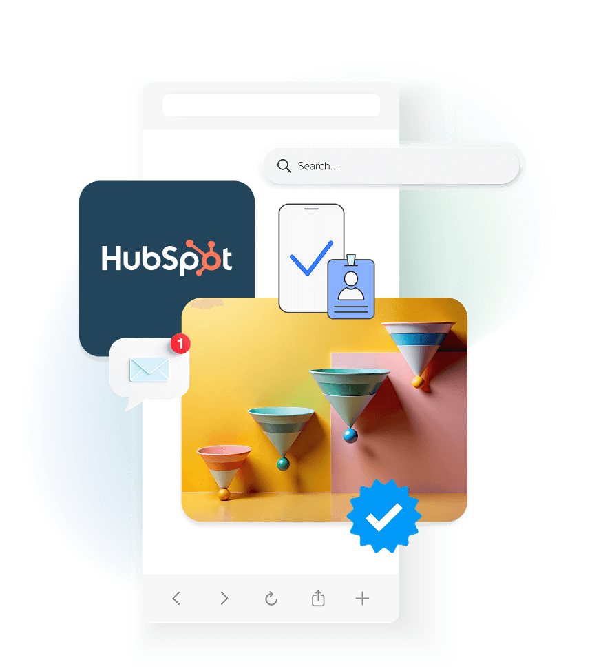 HubSpot onboarding visuals on a phone screen, featuring the logo, blue funnels, and verification checkmarks