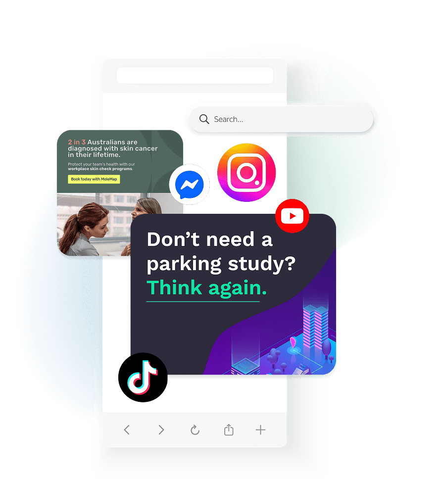 Lead generation ads on a phone, showing social media icons and diverse campaign content examples
