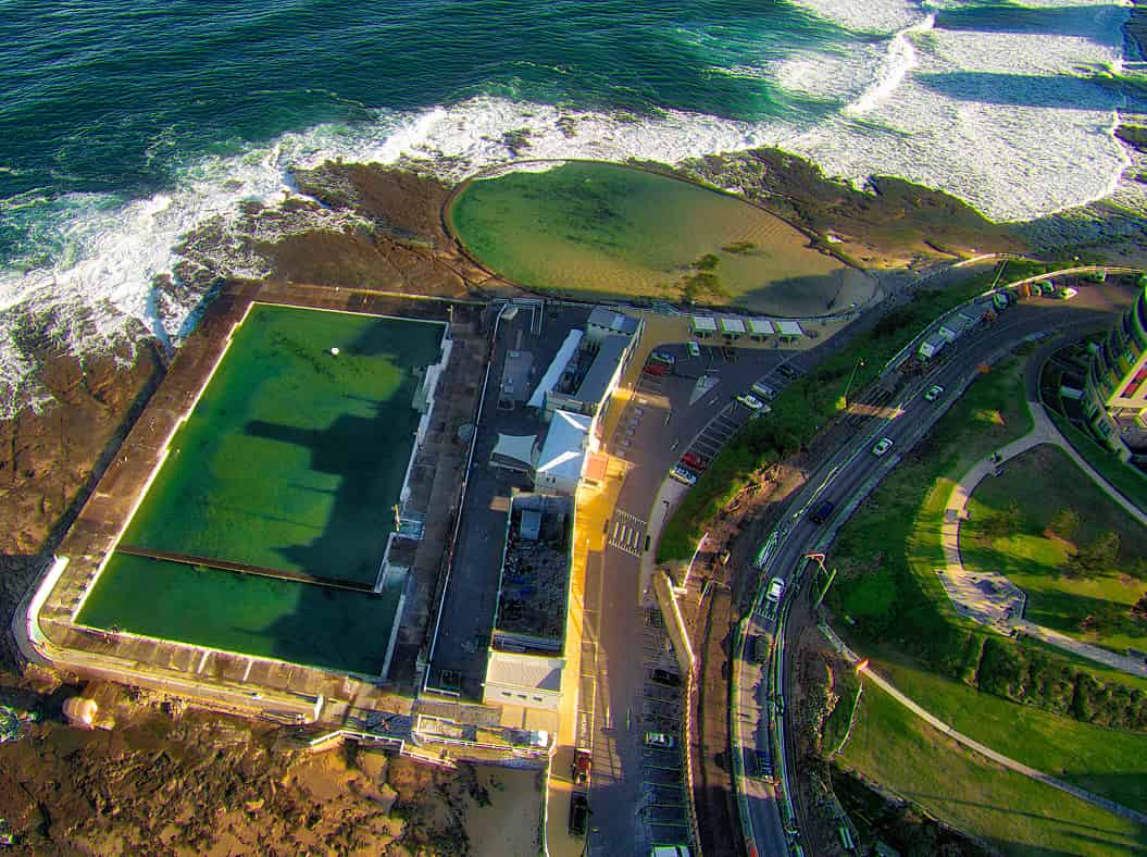 Newcastle ocean baths from an aerial perspective.
