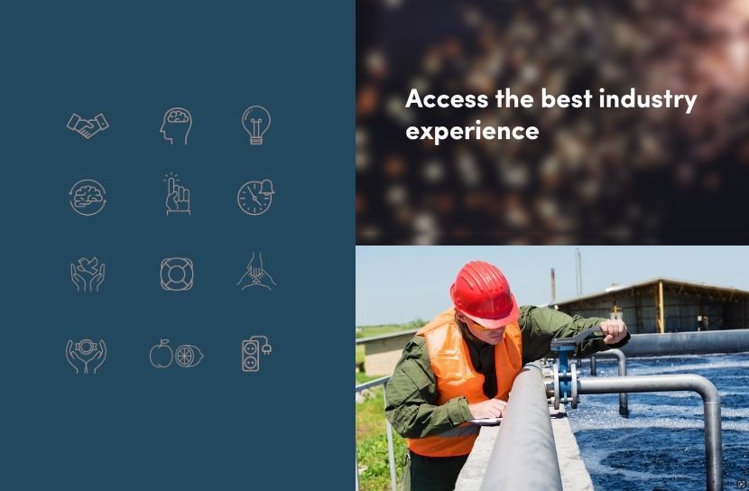A brand montage with icons on the left and a photo of an industrial worker adjusting a pipe on the right.