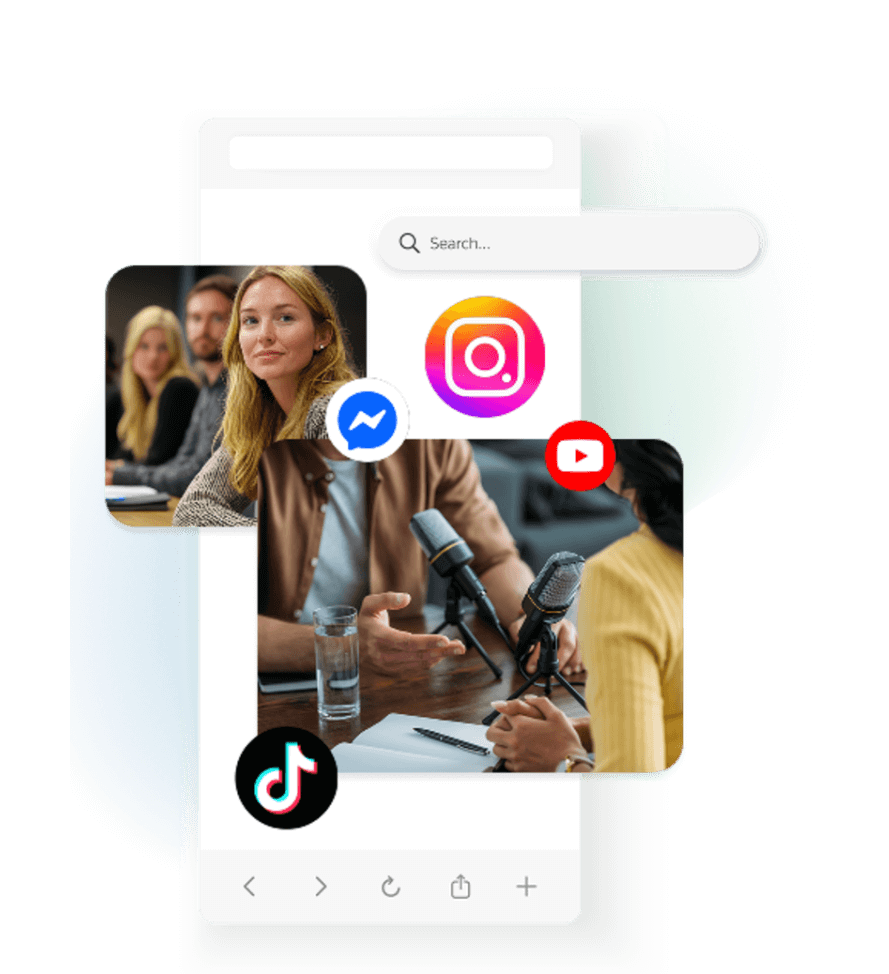 Content marketing visuals on mobile with TikTok, Instagram, YouTube and Messenger icons over a business podcast scene